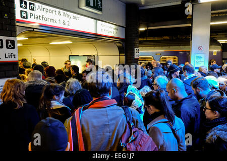 L'aéroport de Gatwick, Londres, Royaume-Uni. 17 Jan, 2015. Southern Rail le chaos. La ligne ferroviaire du sud en difficulté a été jetée dans le chaos aujourd'hui qu'un défaut de signalisation à trois ponts est produite en même temps que des travaux de génie civil ont lieu sur la ligne. Les voyageurs qui désirent de Londres à la côte sud ont été invités à utiliser au moins 3 trains avant d'obtenir un remplacement de rail service de bus. Les images montrent la foule à l'aéroport de Gatwick, essayant de trouver un moyen de poursuivre leur voyage. Credit : JEP News/Alamy Live News Banque D'Images