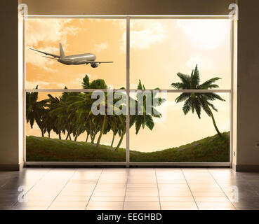 Loin de vol avion est visible dans la fenêtre Banque D'Images