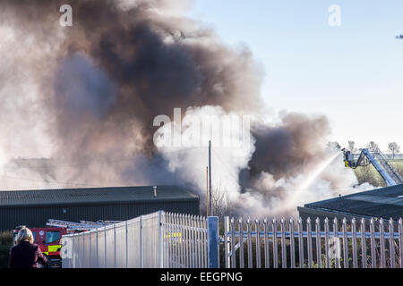 Le Northamptonshire. 18 janvier 2015 au Royaume-Uni. Grand feu à Think Green Recycling Ltd, Wollaston Industrial Estate, Raymond Fermer, Wollaston. Traitement et élimination des déchets dangereux et déchets non dangereux a pris feu depuis 1 h du matin lorsque l'alarme a été soulevée, avec de nombreux appareils d'incendie à bord. La fumée pourrait être vu d'environ 15 milles de là, Banque D'Images