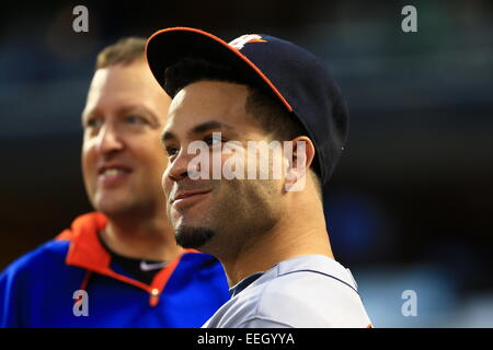 Queens, NY/USA – 27 septembre 2014 : Houston Astros Jose Altuve se tient dans le dugout de Citi Field. Crédit: Gordon Donovan/Alay Live News Banque D'Images