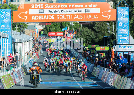 Le peloton passe sous la ligne de départ et d'arrivée du Tour Down Under 2015 Classic en Australie Adelaide. Cette course est un prélude à la visite. Adélaïde, Australie. 18 janvier, 2015. Banque D'Images