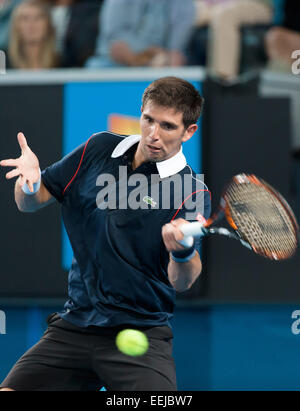 Melbourne, Australie. 19 Jan, 2015. Federico Delbonis (ARG) en action dans un 1er tour match contre Nick Kyrgios (AUS) le premier jour de l'Australian Open 2015 Tournoi de tennis du grand chelem à Melbourne Park, Melbourne, Australie. Bas Sydney/Cal Sport Media. Credit : Cal Sport Media/Alamy Live News Banque D'Images