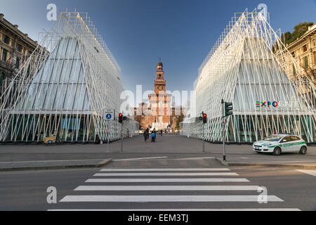 EXPO porte de l'Exposition universelle de Milan 2015, Castello Sforzesco, Largo Cairoli, Via Dante, Milan, Italie Banque D'Images