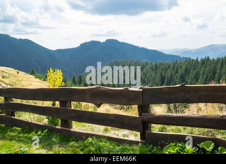 Clôture en bois solide d'une bergerie placé en altitude dans les montagnes Banque D'Images