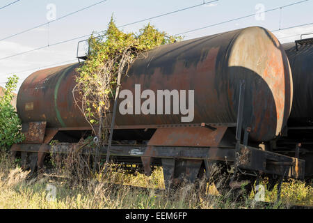 Wagon de train de marchandises abandonné sur une voie de chemin de fer secondaire envahi par la végétation et les mauvaises herbes Banque D'Images