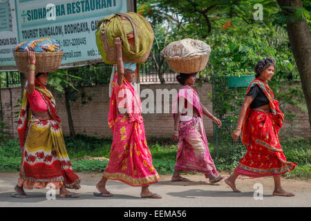 Les femmes portent des choses sur leur tête car elles marchent sur l'avenue principale à Bodh Gaya, Bihar, Inde. Banque D'Images