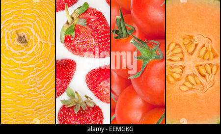 Collage de melon, fraise et tomate en close up, séparés par des bandes noires Banque D'Images