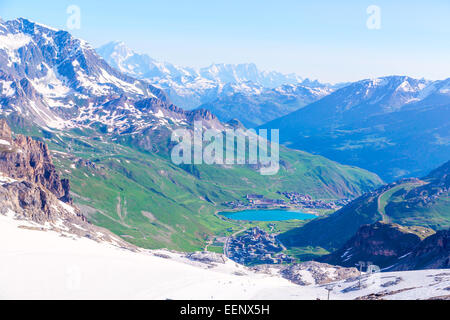 Vue depuis le glacier de la Grande Motte à Tignes, Alpes Françaises. Banque D'Images