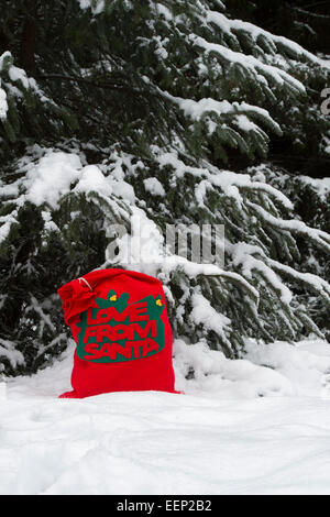 L'amour du Père Noël sac dans la neige en face de pins couverts de neige Banque D'Images