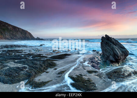 Coucher du soleil sur les rochers, sur la plage à Portwrinkle Finnygook à Cornwall Banque D'Images