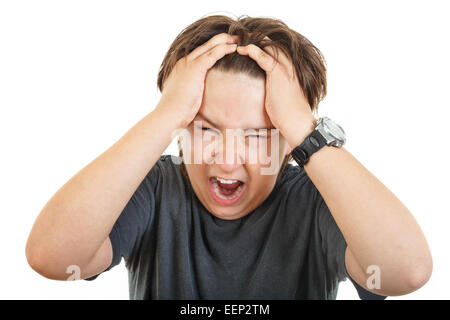 Choqué et effrayé young caucasian boy gesturing kid chubby ou surprise tenant sa main en tête, isolé sur fond blanc Banque D'Images