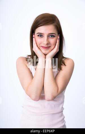 Portrait d'une jeune femme sur fond gris Banque D'Images