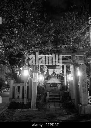 Image en noir et blanc de Gion street temple vu dans les lumières de la nuit Banque D'Images