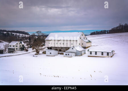 Grange dans un champ agricole couvert de neige dans les régions rurales du comté de York, Pennsylvanie. Banque D'Images