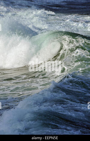 Le KwaZulu-Natal, Afrique du Sud, battant de pulvérisation de mousse blanche comme la lèvre du breaking wave curl avant l'impact, plage, paysage, paysage marin Banque D'Images