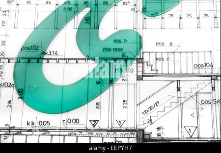 Les rouleaux de plans architecturaux Architecture architecte du projet blueprints Banque D'Images