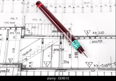 Les rouleaux de plans architecturaux Architecture architecte du projet blueprints Banque D'Images