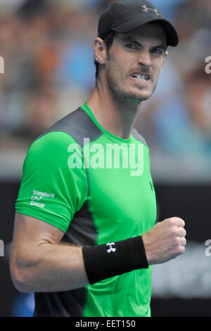 Melbourne, Australie. 21 janvier, 2015. Australian Open de Tennis de Melbourne Park. Andy Murray de Grande-bretagne célèbre après avoir remporté son match contre l'Australie de Marinko Bey sur la troisième journée de l'Open d'Australie 2015 à Melbourne Park, Melbourne, Australie. Credit : Action Plus Sport Images/Alamy Live News Banque D'Images