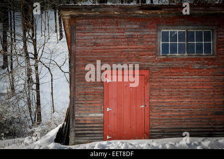 Une porte rouge sur une ancienne grange se démarque de la sombre paysage blanc. Banque D'Images