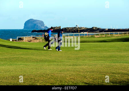 Les golfeurs au 18e trou du parcours de golf de l'Ouest, à North Berwick, en Ecosse, avec le Bass Rock et derrière le phare. Banque D'Images