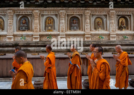 Les moines bouddhistes d'encercler et de prier à la Temple de la Mahabodhi, Bodh Gaya, en Inde, un jour après le terrorisme d'une bombe le 7 juillet 2013. Banque D'Images