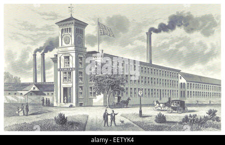 Cette illustration de LOSSING(1876) p299 montre l'usine de vêtements de cardes T.K. Earle & Co. à Worcester, Massachusetts, capturant un site industriel crucial pour la fabrication de cardes et la production textile. Banque D'Images