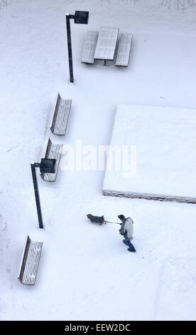 New Haven-- un homme promène son chien marche à travers un parc au Bella Vista complexe de logement supérieurs comme la neige commence à tomber. Banque D'Images