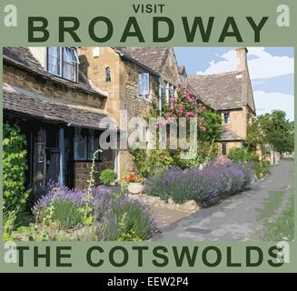 Poster une illustration style de lavande dans le jardin avant de Cotswold Cottages, Broadway, Worcestershire, Angleterre, RU Banque D'Images