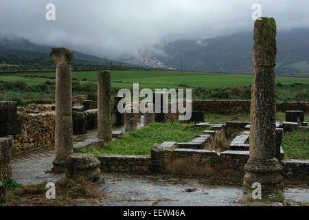 Ruines romaines de Volubilis et Moulay Idriss dans le lointain, le Maroc, l'Afrique Banque D'Images