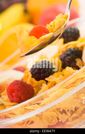 Bol de flocons de maïs avec garniture de fruits Banque D'Images