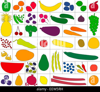 Assortiment de fruits et légumes, chacune dans son propre rectangle. Banque D'Images