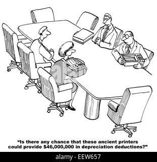 Caricature de gens d'affaires dans la salle de réunion demande si ils peuvent obtenir 46 millions de dollars en déductions pour amortissement pour leurs imprimantes. Banque D'Images