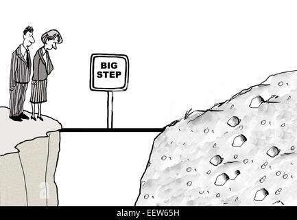 Caricature de deux personnes à bord de la falaise et panneau qui dit "grand pas". Banque D'Images