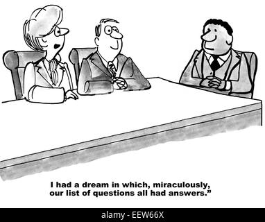 Caricature de réunion d'affaires et femme disant qu'elle avait un rêve dans lequel tous leurs questions avaient des réponses. Banque D'Images