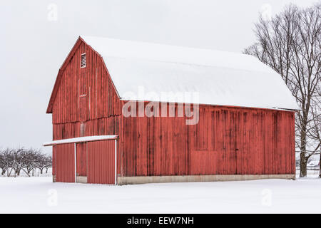 Grange rouge classique sur un jour de neige glacée dans Mecosta comté près de Grand Rapids et Stanwood, Michigan, USA Banque D'Images