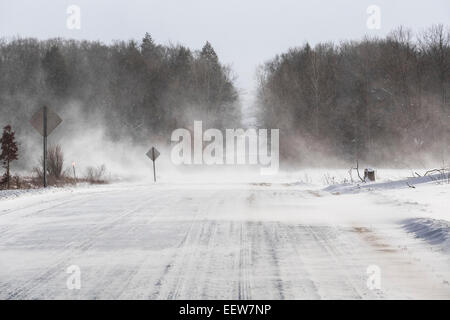 La neige souffle sur une route de campagne lors d'une bourrasque de neige hivernales glaciales dans Mecosta comté près de Stanwood, Michigan, USA Banque D'Images