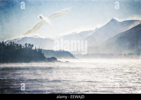 Mouette voler au-dessus de l'état de la mer par un jour de vent dans le sud-est de l'Alaska traitées avec des superpositions de textures pour un regard artistique. Banque D'Images