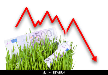 Euro de plus en plus de l'argent comptant dans l'herbe verte. La chute de flèche Banque D'Images