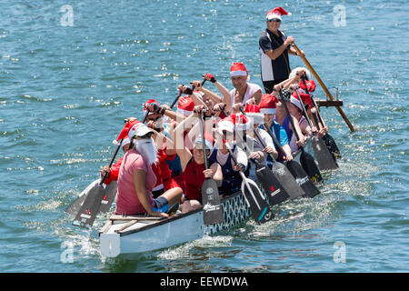 Les rameurs de bateau-dragon en fête costumes Père Noël si l'aviron anchorage dans Rozelle Bay, Port Jackson (aka le port de Sydney) Banque D'Images