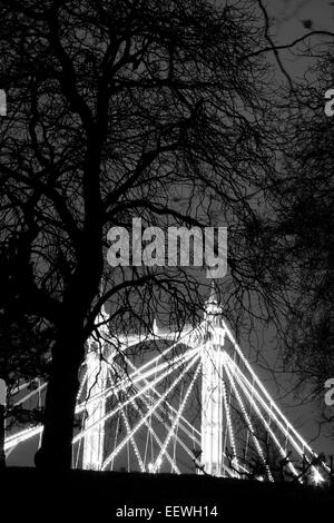 Vue de nuit d'Albert Bridge vu de Battersea Park, Battersea, Londres, UK Banque D'Images