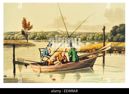 La pêche dans un Punt Henry Alken Delt ère georgienne 1820 représentant la pêche bateau de pêche pêcheur rod net top hat costume Banque D'Images