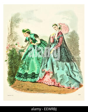 La Mode Illustree 1865 costumes d'époque victorienne robe a la mode robes robe voile jupe en mousseline simple brassard broderie cap Banque D'Images