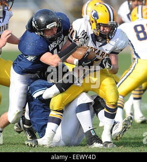 Hartford, CT USA- Ansonia's Tyler Wood, gauche, et Tyler Lester mettre la butée sur Ledyard's Alex Manwaring au 3 ème trimestre. Ansonia beat Ledyard 38-0 dans la classe M Championnats d'État. 12/10/11 Banque D'Images