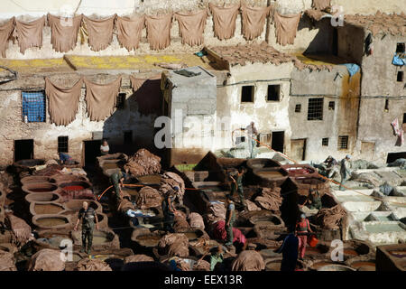 Vue aérienne de Chouwara tannerie dans fes, Maroc Banque D'Images