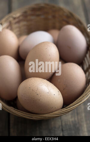 Oeufs bio frais sur la table, Close up Banque D'Images