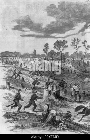 Scène à Pittsburg Landing, Mississippi River, dimanche après-midi, 6 avril 1862 - Union européenne soldats courir vers Riverboat à l'atterrissage ; bataille de Shiloh. Banque D'Images