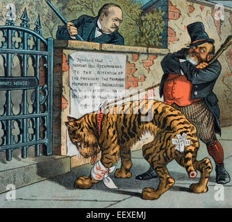 Tammany Tiger Visites Président Grover Cleveland à la Maison Blanche. Caricature politique 1885 Banque D'Images