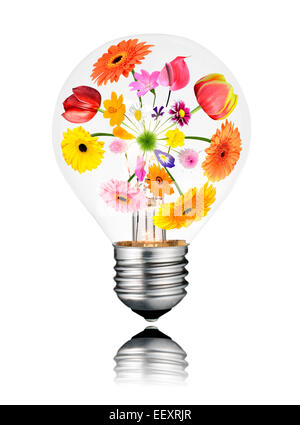 Ampoule avec différentes fleurs colorées à l'intérieur de plus en plus de centre aux bords. Isolé sur fond blanc. Une ampoule a re Banque D'Images