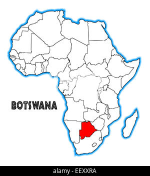 Botswana contours insérés dans une carte de l'Afrique sur un fond blanc Banque D'Images