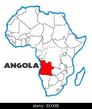 Angola contours insérés dans une carte de l'Afrique sur un fond blanc Banque D'Images